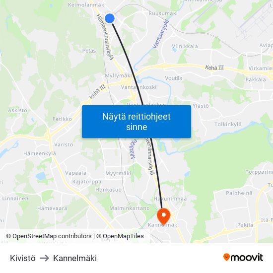 Kivistö to Kannelmäki map