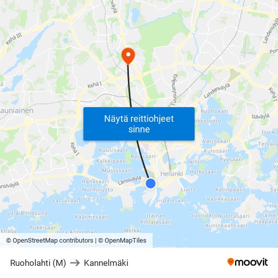 Ruoholahti (M) to Kannelmäki map