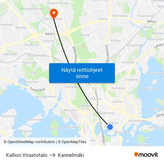 Kallion Virastotalo to Kannelmäki map