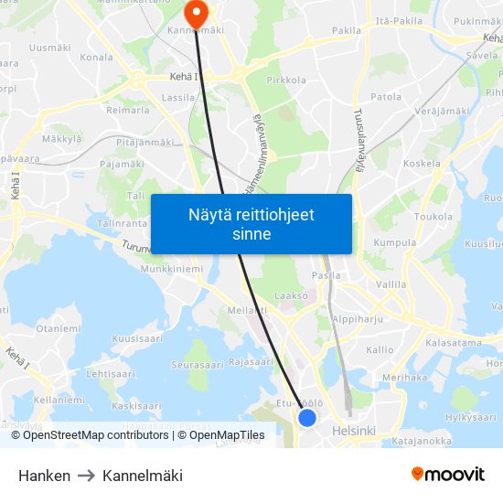 Hanken to Kannelmäki map