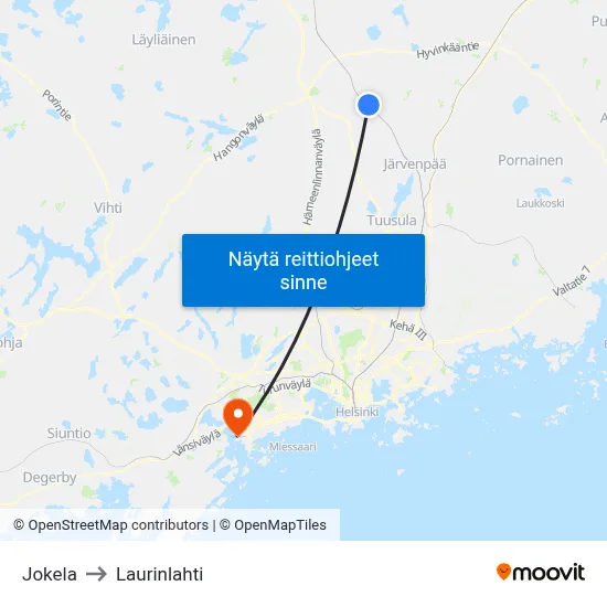 Jokela to Laurinlahti map