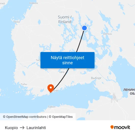 Kuopio to Laurinlahti map