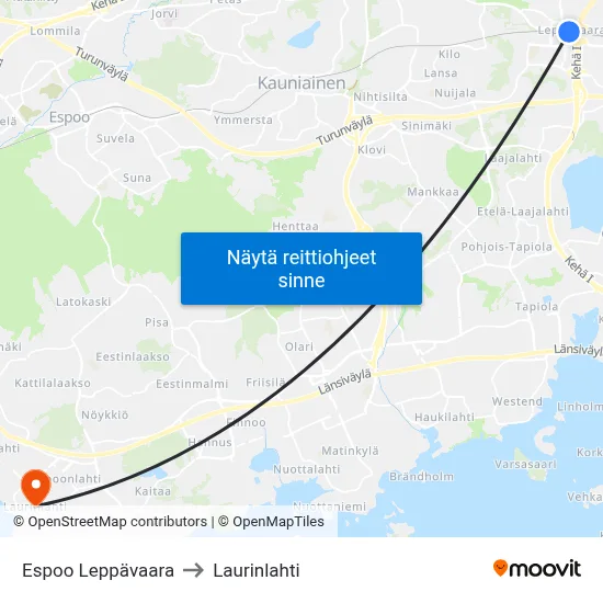 Espoo Leppävaara to Laurinlahti map