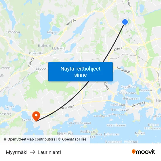 Myyrmäki to Laurinlahti map