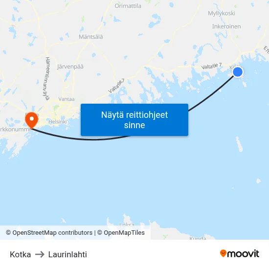 Kotka to Laurinlahti map