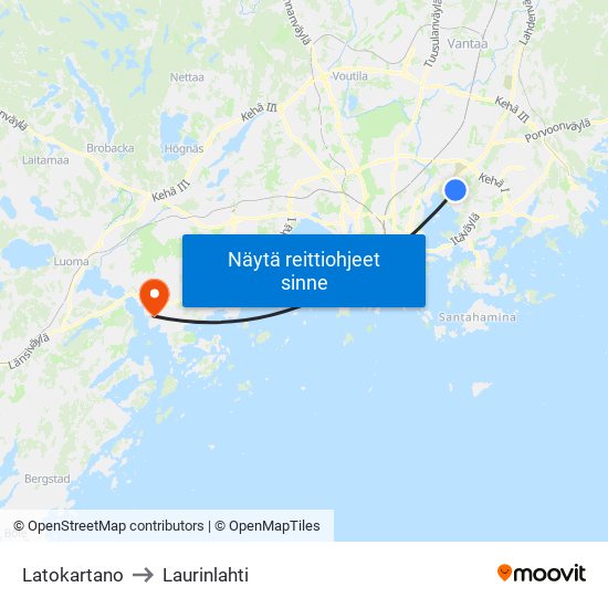 Latokartano to Laurinlahti map