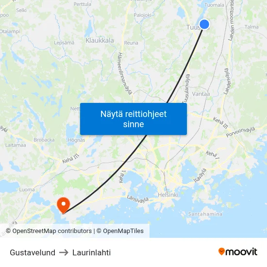 Gustavelund to Laurinlahti map