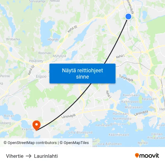 Vihertie to Laurinlahti map