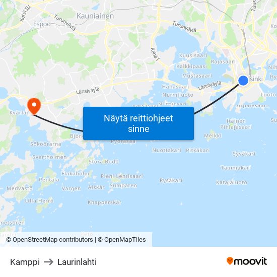 Kamppi to Laurinlahti map