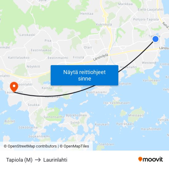 Tapiola (M) to Laurinlahti map