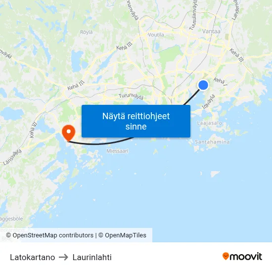 Latokartano to Laurinlahti map