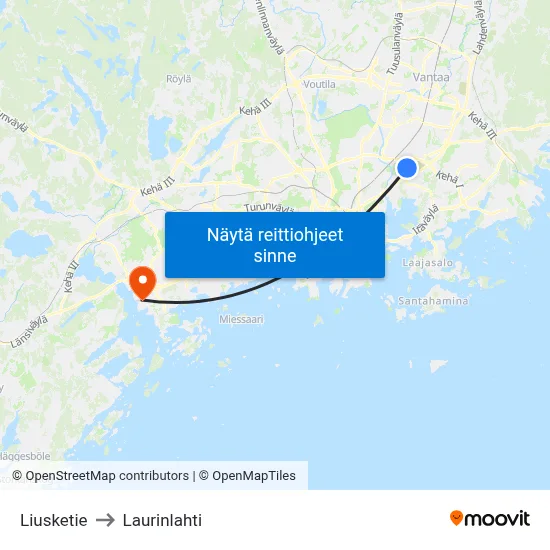 Liusketie to Laurinlahti map