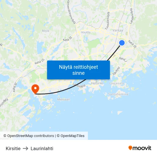 Kirsitie to Laurinlahti map