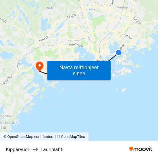 Kipparvuori to Laurinlahti map