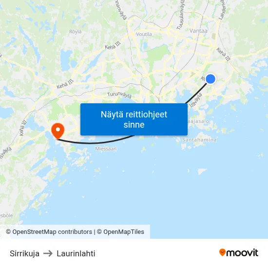 Sirrikuja to Laurinlahti map