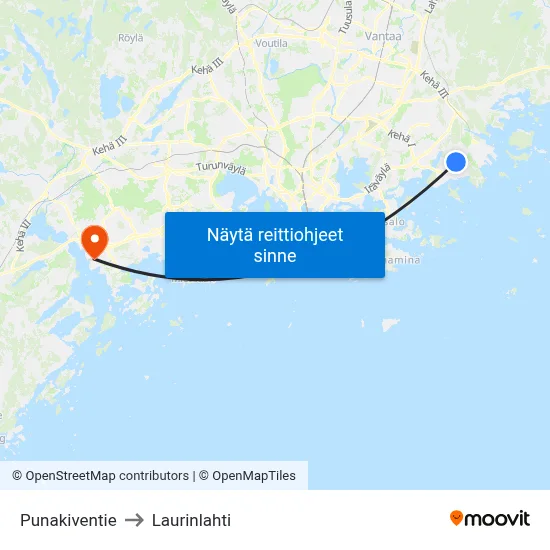 Punakiventie to Laurinlahti map