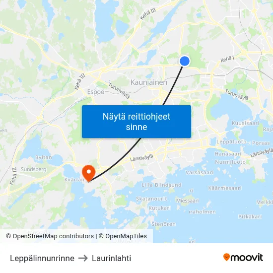 Leppälinnunrinne to Laurinlahti map