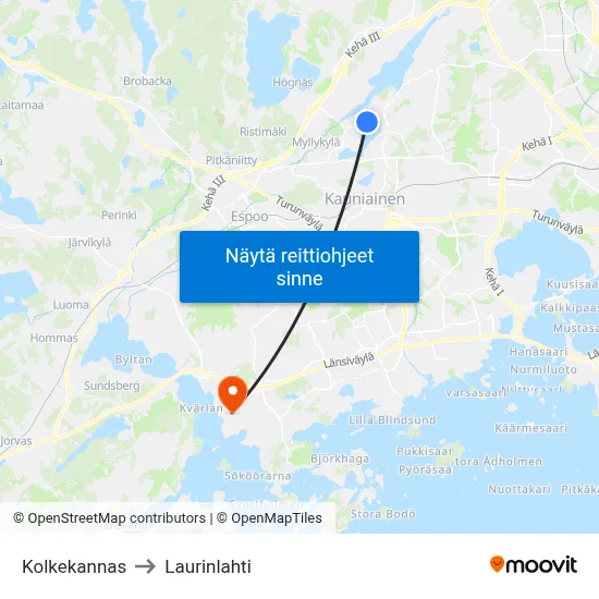 Kolkekannas to Laurinlahti map