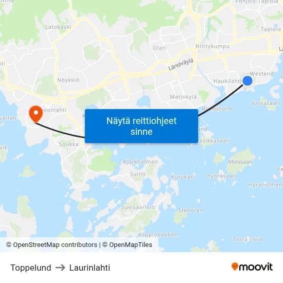 Toppelund to Laurinlahti map