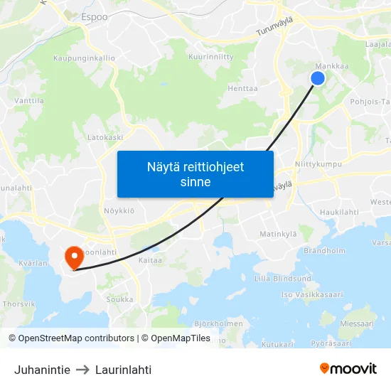 Juhanintie to Laurinlahti map