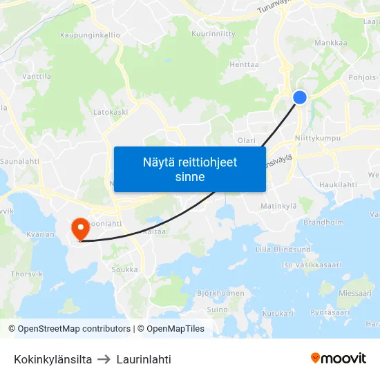 Kokinkylänsilta to Laurinlahti map