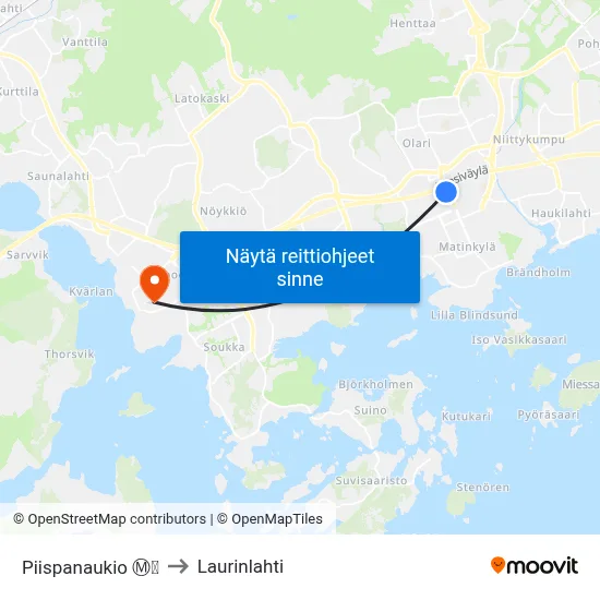 Piispanaukio Ⓜ️🛍️ to Laurinlahti map