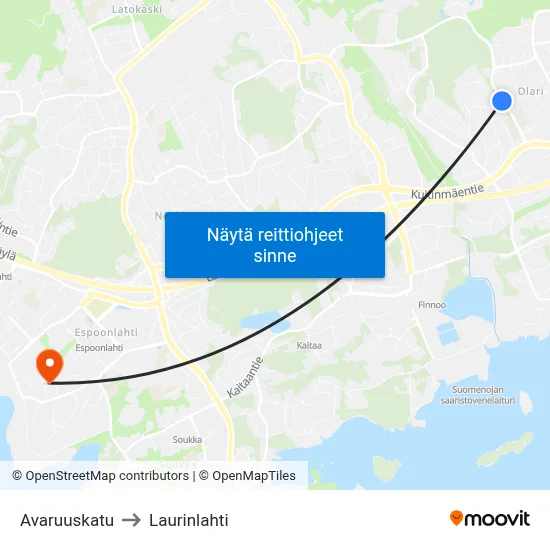 Avaruuskatu to Laurinlahti map