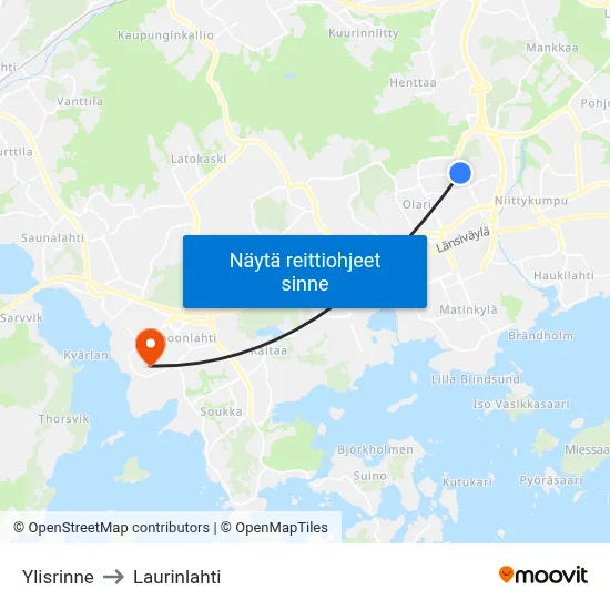 Ylisrinne to Laurinlahti map