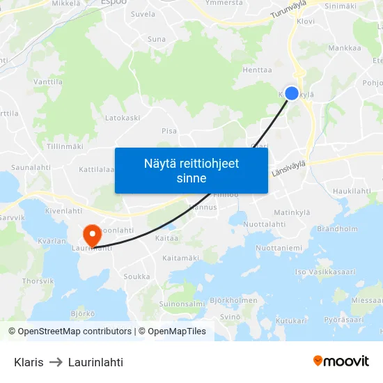 Klaris to Laurinlahti map