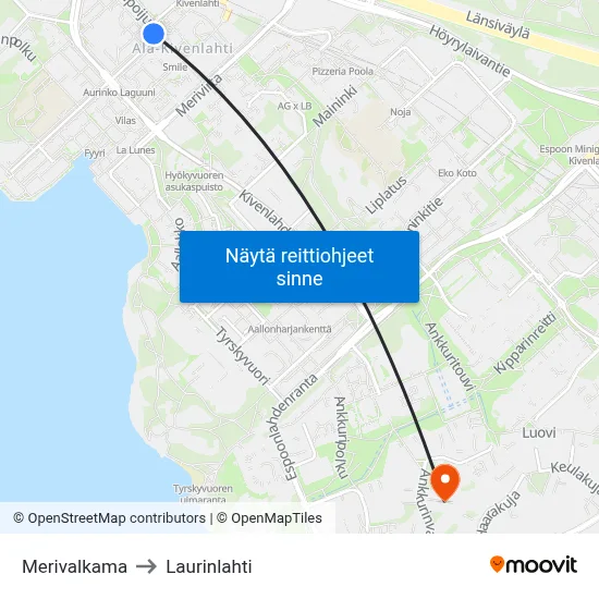 Merivalkama to Laurinlahti map