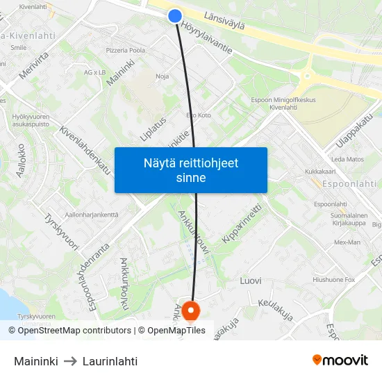 Maininki to Laurinlahti map
