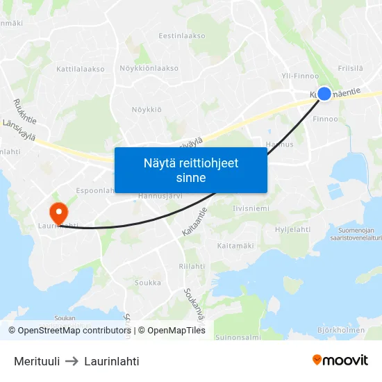 Merituuli to Laurinlahti map