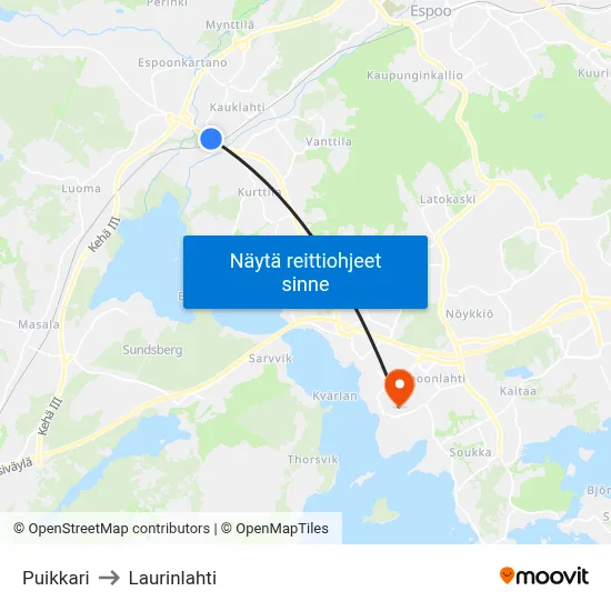 Puikkari to Laurinlahti map