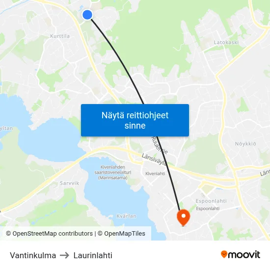 Vantinkulma to Laurinlahti map