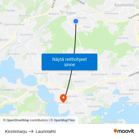 Kirstinharju to Laurinlahti map