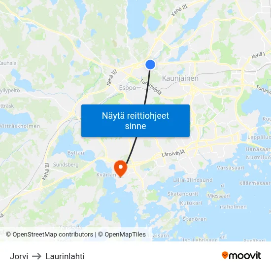 Jorvi to Laurinlahti map