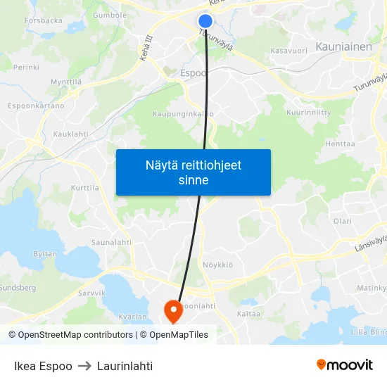Ikea Espoo to Laurinlahti map