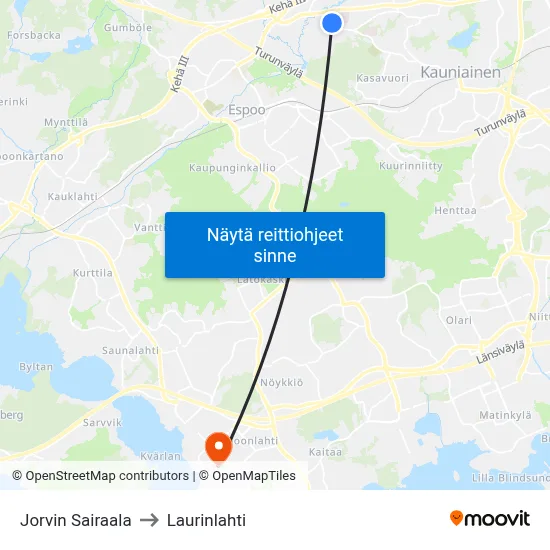 Jorvin Sairaala to Laurinlahti map