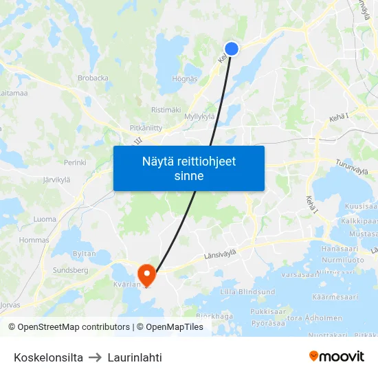 Koskelonsilta to Laurinlahti map