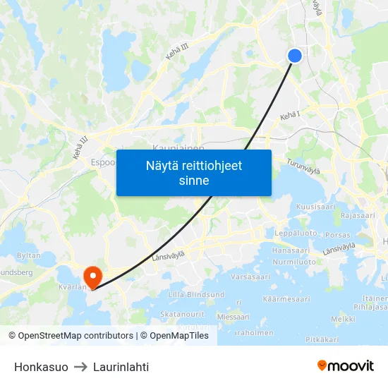 Honkasuo to Laurinlahti map