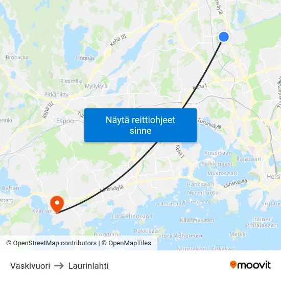 Vaskivuori to Laurinlahti map