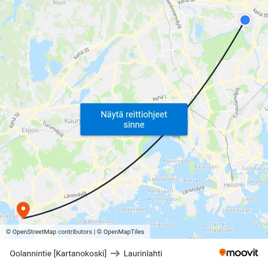Oolannintie [Kartanokoski] to Laurinlahti map