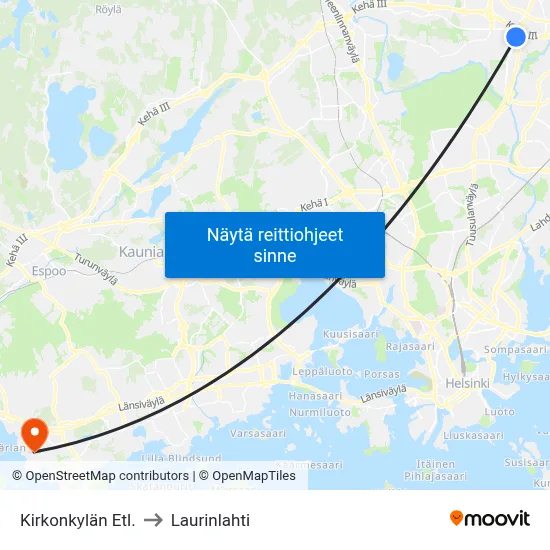 Kirkonkylän Etl. to Laurinlahti map