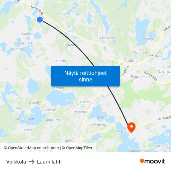 Veikkola to Laurinlahti map