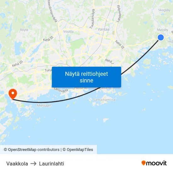 Vaakkola to Laurinlahti map