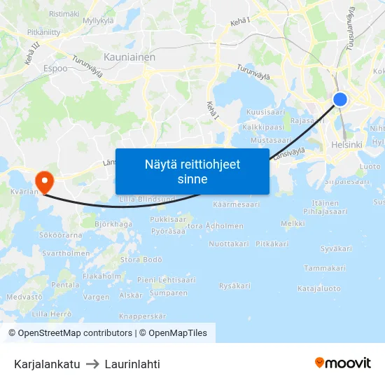 Karjalankatu to Laurinlahti map