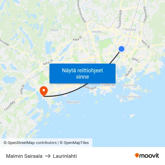 Malmin Sairaala to Laurinlahti map