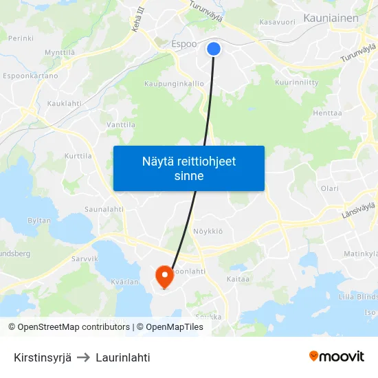 Kirstinsyrjä to Laurinlahti map