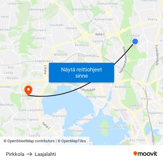 Pirkkola to Laajalahti map