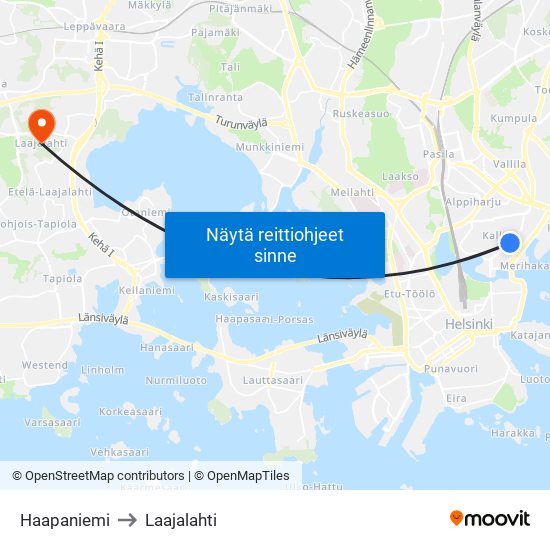 Haapaniemi to Laajalahti map